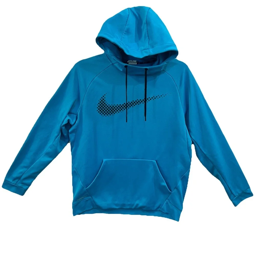 Nike Therma-FIT Cobalt Bliss Pullover Scuba Hoodie Logo Mens Large Swoosh Pocket